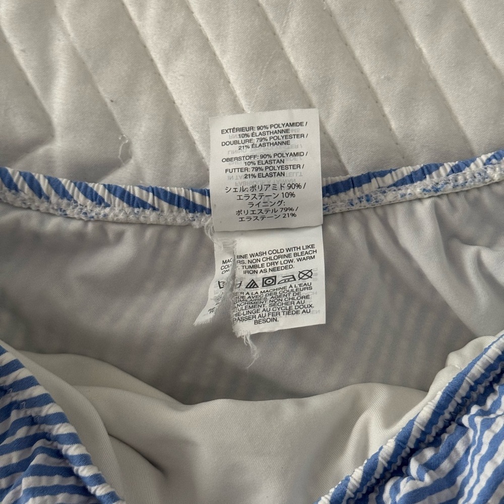 J. Crew One Shoulder Ruffle Swimsuit Seersucker Pom Trim Blue White Red - Picture 7 of 12